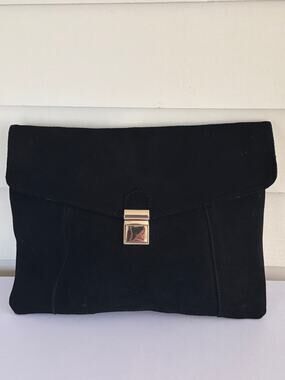 Oversized Black Suede Leather Clutch Purse Gold Clasp Celine Vibe Minimalist Y2K